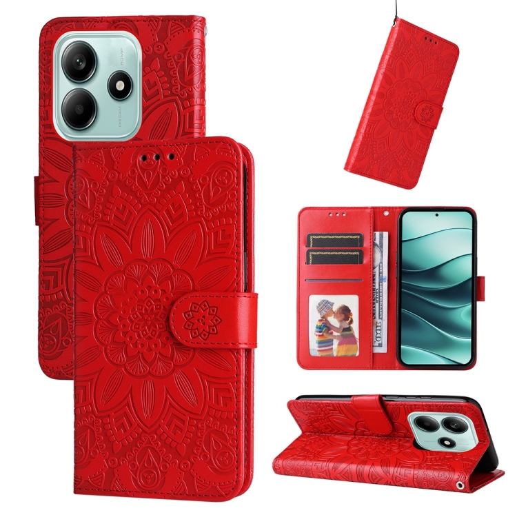 Peněženkové pouzdro Embossing Pattern Slunečnice červené – Xiaomi Redmi Note 14 5G | Levné Kryty | Levné Kryty | Levné Kryty