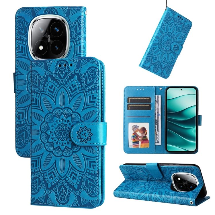 Peněženkové pouzdro Embossing Pattern Slunečnice modré – Xiaomi Redmi Note 14 Pro 5G | Levné Kryty | Levné Kryty | Levné Kryty