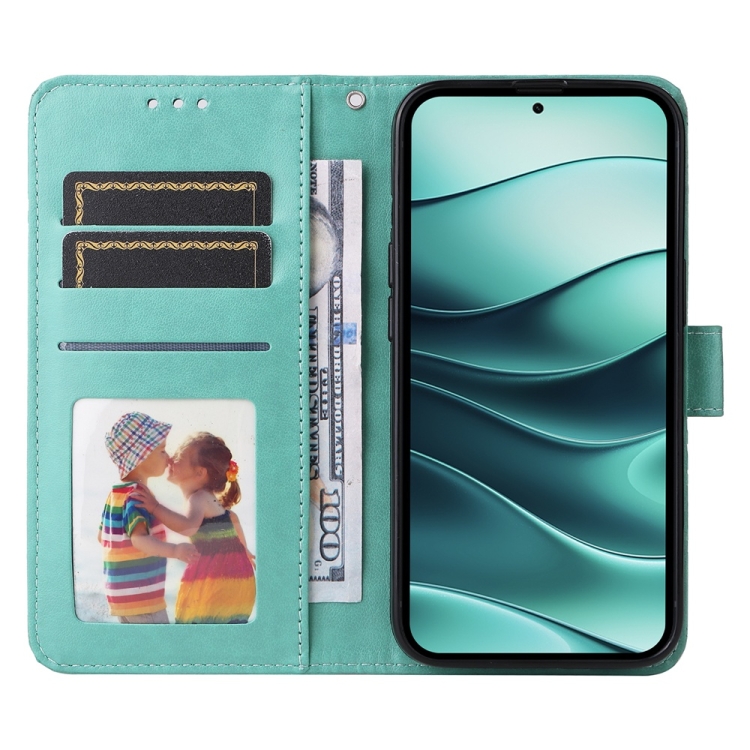 Peněženkové pouzdro Embossing Pattern Slunečnice zelené – Xiaomi Redmi Note 14 5G | Levné Kryty | Levné Kryty | Levné Kryty