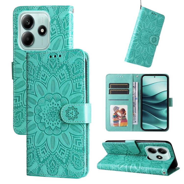 Peněženkové pouzdro Embossing Pattern Slunečnice zelené – Xiaomi Redmi Note 14 5G | Levné Kryty | Levné Kryty | Levné Kryty