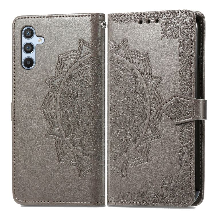 Peněženkové pouzdro Embossing Pattern Mandala Flower šedé – Samsung Galaxy A36 | Levné Kryty | Levné Kryty | Levné Kryty