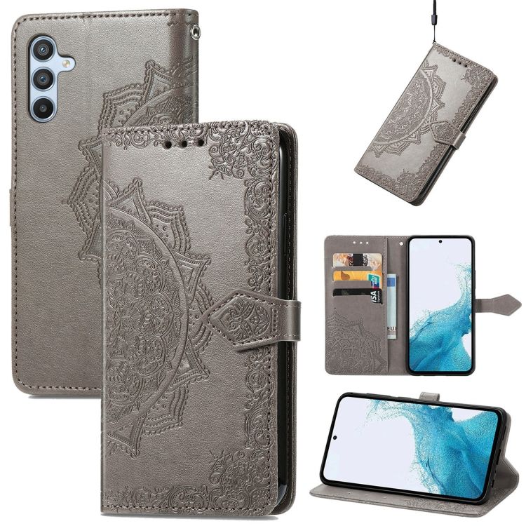Peněženkové pouzdro Embossing Pattern Mandala Flower šedé – Samsung Galaxy A36 | Levné Kryty | Levné Kryty | Levné Kryty