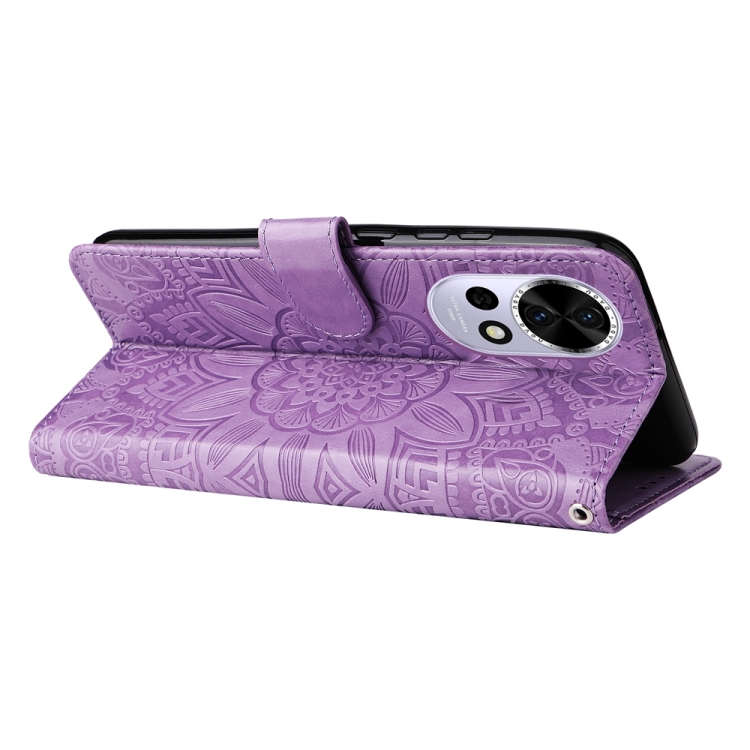 Peněženkové pouzdro Embossing Pattern Slunečnice fialové – Huawei Nova 13 | Levné Kryty | Levné Kryty | Levné Kryty