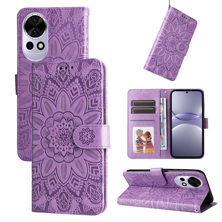 Peněženkové pouzdro Embossing Pattern Slunečnice fialové – Huawei Nova 13 | Levné Kryty | Levné Kryty | Levné Kryty