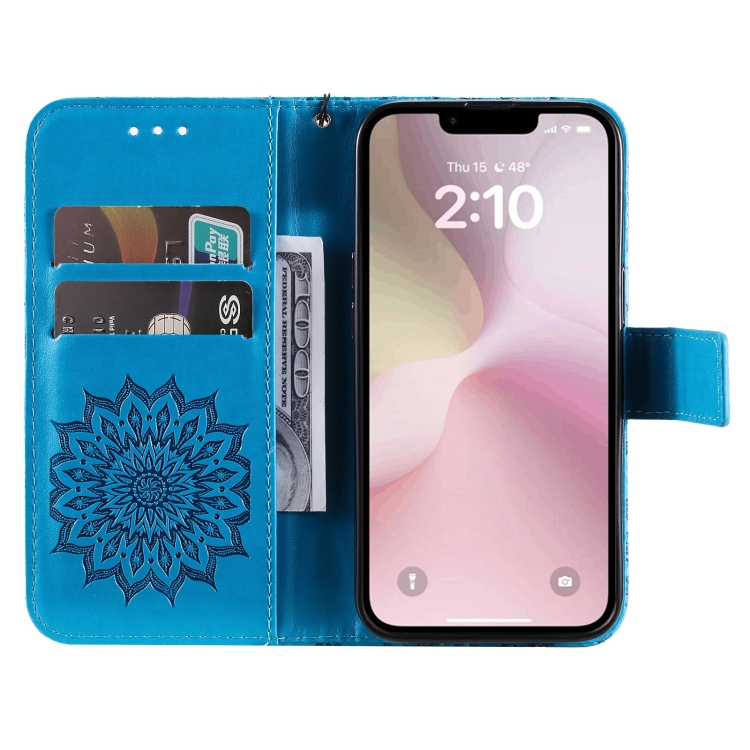 Peněženkové pouzdro Embossing Pattern Slunečnice modré – Apple iPhone 16e / 17e | Levné Kryty | Levné Kryty | Levné Kryty