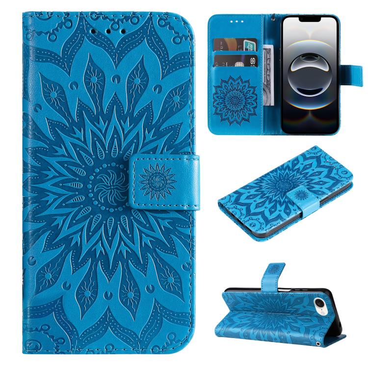 Peněženkové pouzdro Embossing Pattern Slunečnice modré – Apple iPhone 16e / 17e | Levné Kryty | Levné Kryty | Levné Kryty
