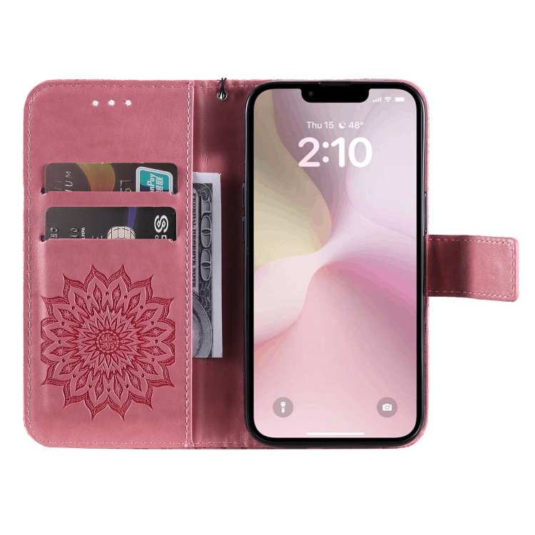 Peněženkové pouzdro Embossing Pattern Slunečnice růžové – Apple iPhone 16e / 17e | Levné Kryty | Levné Kryty | Levné Kryty