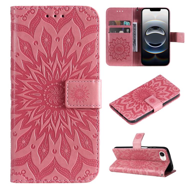 Peněženkové pouzdro Embossing Pattern Slunečnice růžové – Apple iPhone 16e / 17e | Levné Kryty | Levné Kryty | Levné Kryty