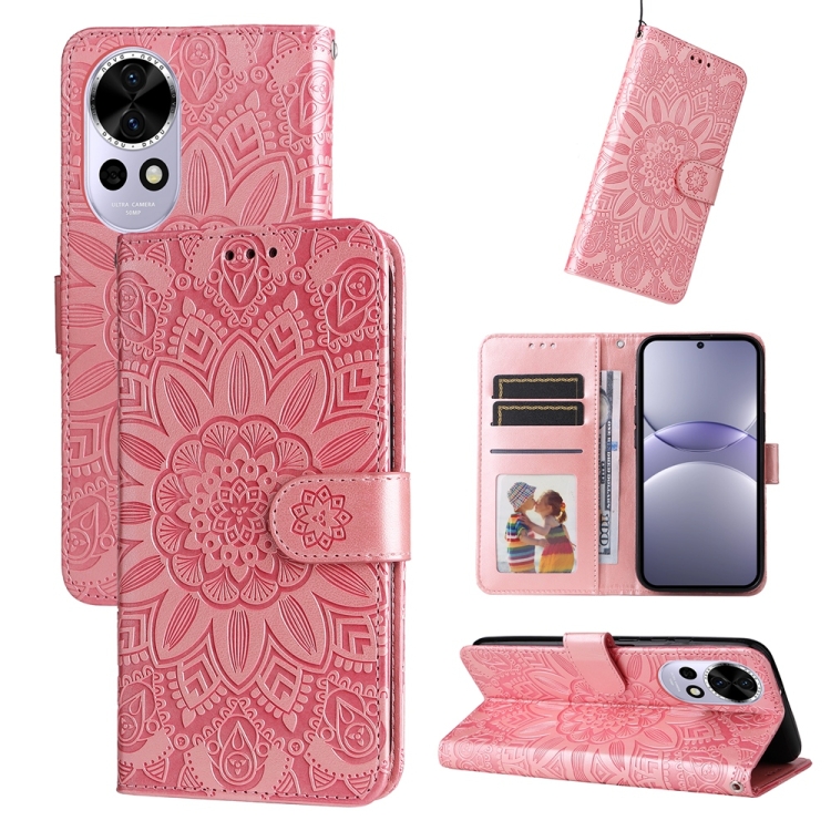 Peněženkové pouzdro Embossing Pattern Slunečnice růžové – Huawei Nova 13 | Levné Kryty | Levné Kryty | Levné Kryty