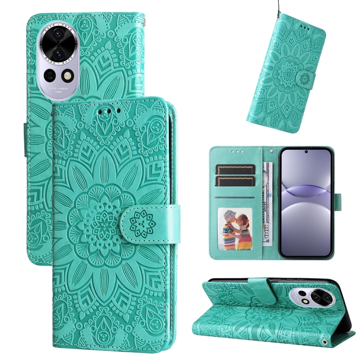Peněženkové pouzdro Embossing Pattern Slunečnice zelené – Huawei Nova 13 | Levné Kryty | Levné Kryty | Levné Kryty
