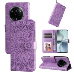 Peněženkové pouzdro Embossing Pattern Slunečnice fialové – Realme 14 Pro+ (14 Pro Plus) | Levné Kryty | Levné Kryty | Levné Kryty
