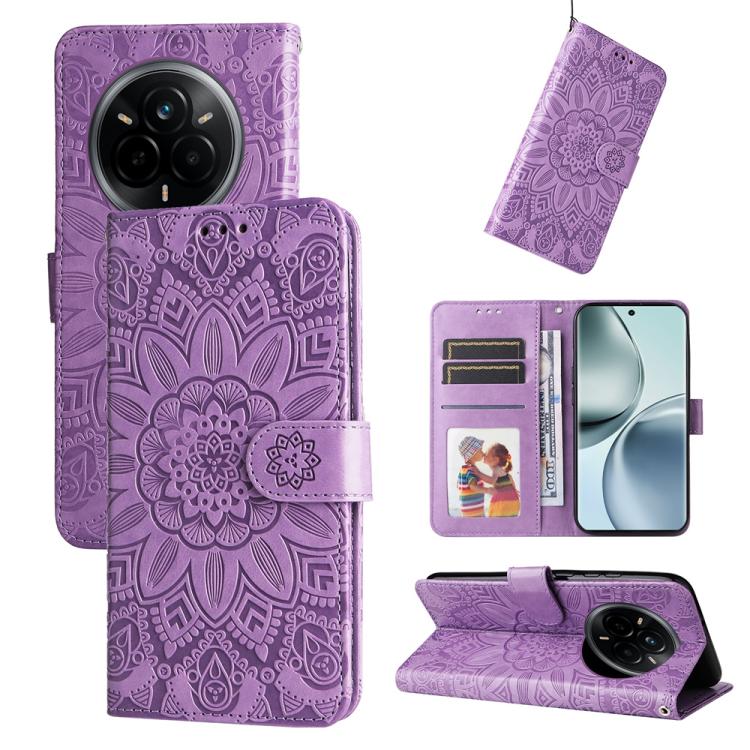 Peněženkové pouzdro Embossing Pattern Slunečnice fialové – Realme 14 Pro+ (14 Pro Plus) | Levné Kryty | Levné Kryty | Levné Kryty