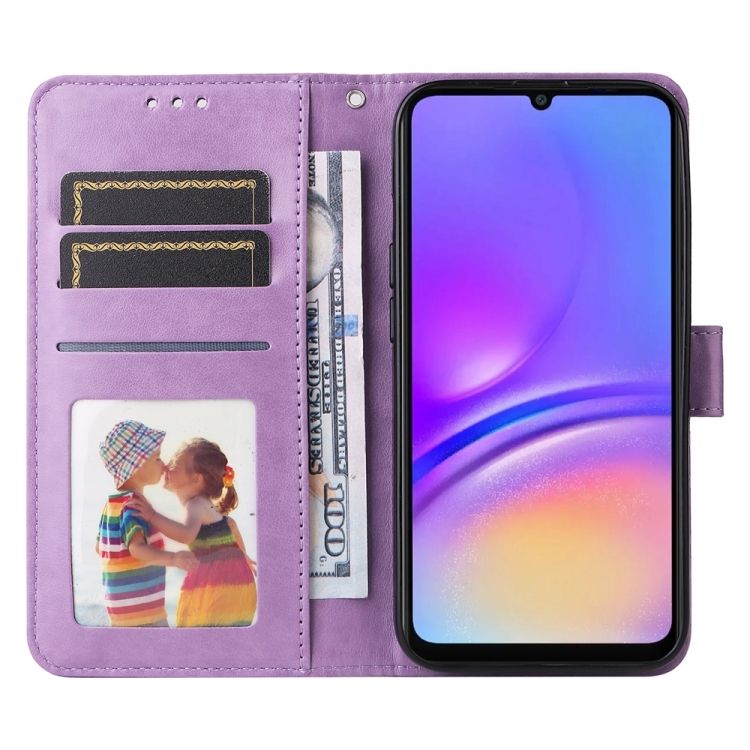 Peněženkové pouzdro Embossing Pattern Slunečnice fialové – Samsung Galaxy A06 | Levné Kryty | Levné Kryty | Levné Kryty