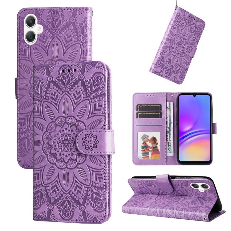 Peněženkové pouzdro Embossing Pattern Slunečnice fialové – Samsung Galaxy A06 | Levné Kryty | Levné Kryty | Levné Kryty