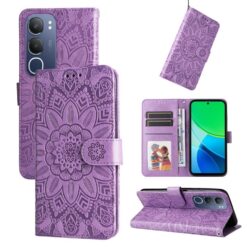 Peněženkové pouzdro Embossing Pattern Slunečnice fialové – Vivo Y19s | Levné Kryty | Levné Kryty | Levné Kryty