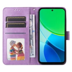 Peněženkové pouzdro Embossing Pattern Slunečnice fialové – Vivo Y19s | Levné Kryty | Levné Kryty | Levné Kryty