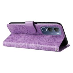Peněženkové pouzdro Embossing Pattern Slunečnice fialové – Vivo Y19s | Levné Kryty | Levné Kryty | Levné Kryty