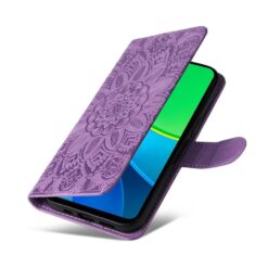 Peněženkové pouzdro Embossing Pattern Slunečnice fialové – Vivo Y19s | Levné Kryty | Levné Kryty | Levné Kryty