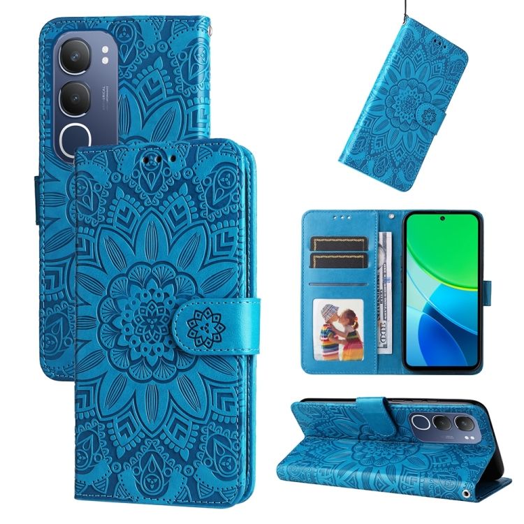 Peněženkové pouzdro Embossing Pattern Slunečnice modré – Vivo Y19s | Levné Kryty | Levné Kryty | Levné Kryty