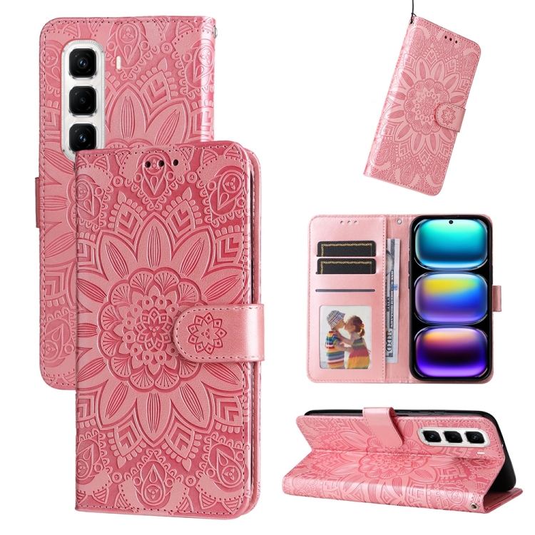 Peněženkové pouzdro Embossing Pattern Slunečnice růžové – Infinix Hot 50 Pro+ (50 Pro Plus) | Levné Kryty | Levné Kryty | Levné Kryty