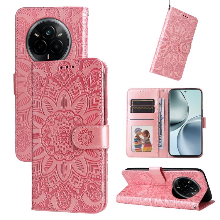 Peněženkové pouzdro Embossing Pattern Slunečnice růžové – Realme 14 Pro+ (14 Pro Plus) | Levné Kryty | Levné Kryty | Levné Kryty