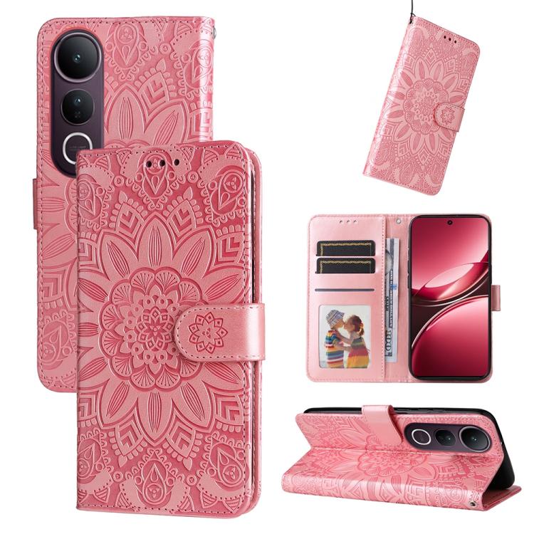 Peněženkové pouzdro Embossing Pattern Slunečnice růžové – Vivo V50 Lite | Levné Kryty | Levné Kryty | Levné Kryty