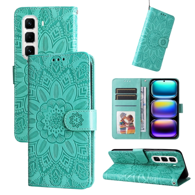 Peněženkové pouzdro Embossing Pattern Slunečnice zelené – Infinix Hot 50 Pro+ (50 Pro Plus) | Levné Kryty | Levné Kryty | Levné Kryty