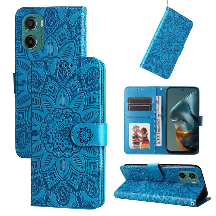 Peněženkové pouzdro Embossing Pattern Slunečnice modré – Motorola Moto G05 / E15 | Levné Kryty | Levné Kryty | Levné Kryty