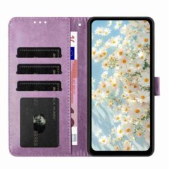 Peněženkové pouzdro Embossing Pattern Květy fialové – Xiaomi Redmi 15 4G/5G | Levné Kryty | Levné Kryty | Levné Kryty