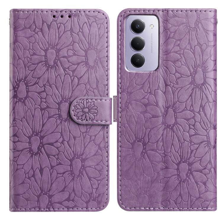 Peněženkové pouzdro Embossing Pattern Květy fialové – Xiaomi Redmi 15 4G/5G | Levné Kryty | Levné Kryty | Levné Kryty