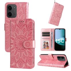 Peněženkové pouzdro Embossing Pattern Slunečnice růžové – Xiaomi Redmi 15C | Levné Kryty | Levné Kryty | Levné Kryty