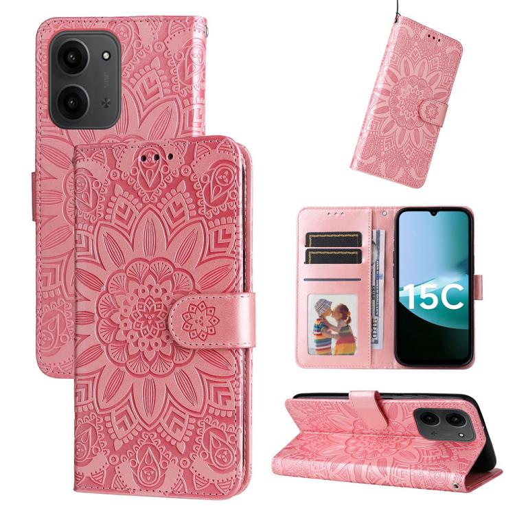 Peněženkové pouzdro Embossing Pattern Slunečnice růžové – Xiaomi Redmi 15C | Levné Kryty | Levné Kryty | Levné Kryty