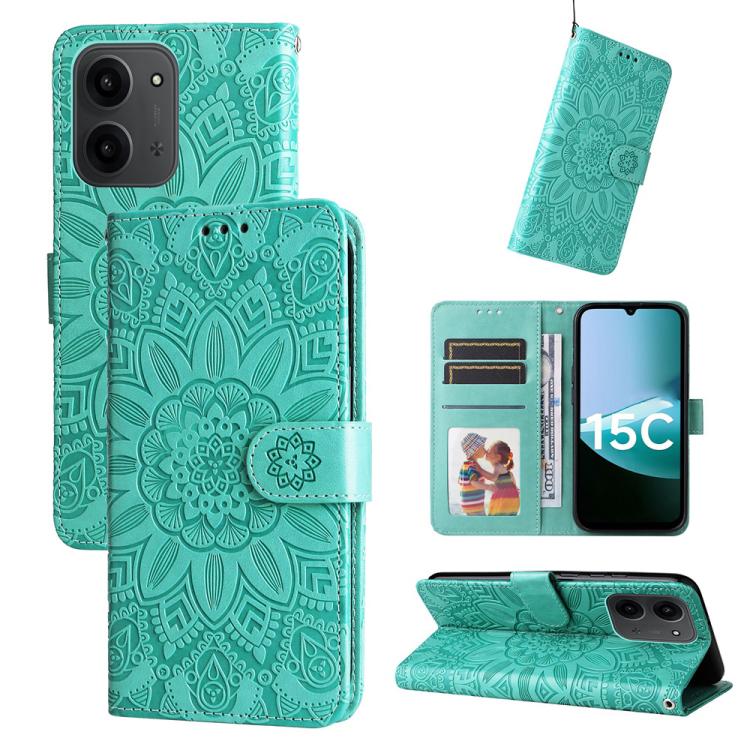 Peněženkové pouzdro Embossing Pattern Slunečnice zelené – Xiaomi Redmi 15C | Levné Kryty | Levné Kryty | Levné Kryty