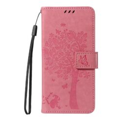 Peněženkové pouzdro Embossing Pattern Strom a kočka růžové – Google Pixel 10 / Pixel 10 Pro