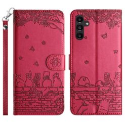 Peněženkové pouzdro Embossing Pattern Kočky červené – Samsung Galaxy S25 FE | Levné Kryty | Levné Kryty | Levné Kryty