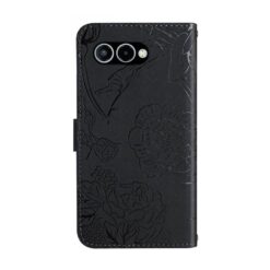 Peněženkové pouzdro Embossing Pattern Motyl a růže černé – T Phone 3 | Levné Kryty | Levné Kryty | Levné Kryty