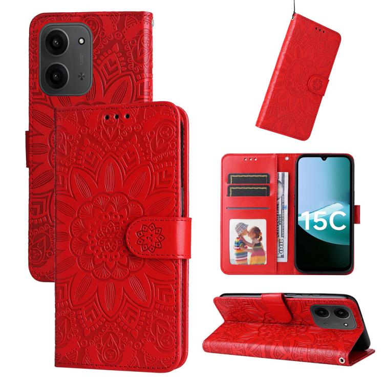 Peněženkové pouzdro Embossing Pattern Slunečnice červené – Xiaomi Poco C85 | Levné Kryty | Levné Kryty | Levné Kryty