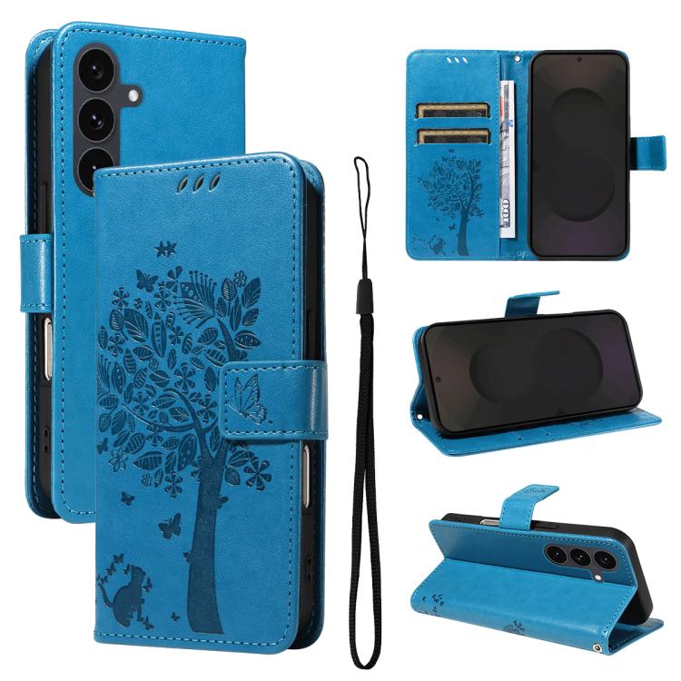 Peněženkové pouzdro Embossing Pattern Strom a kočka modré – Samsung Galaxy S25 FE | Levné Kryty | Levné Kryty | Levné Kryty