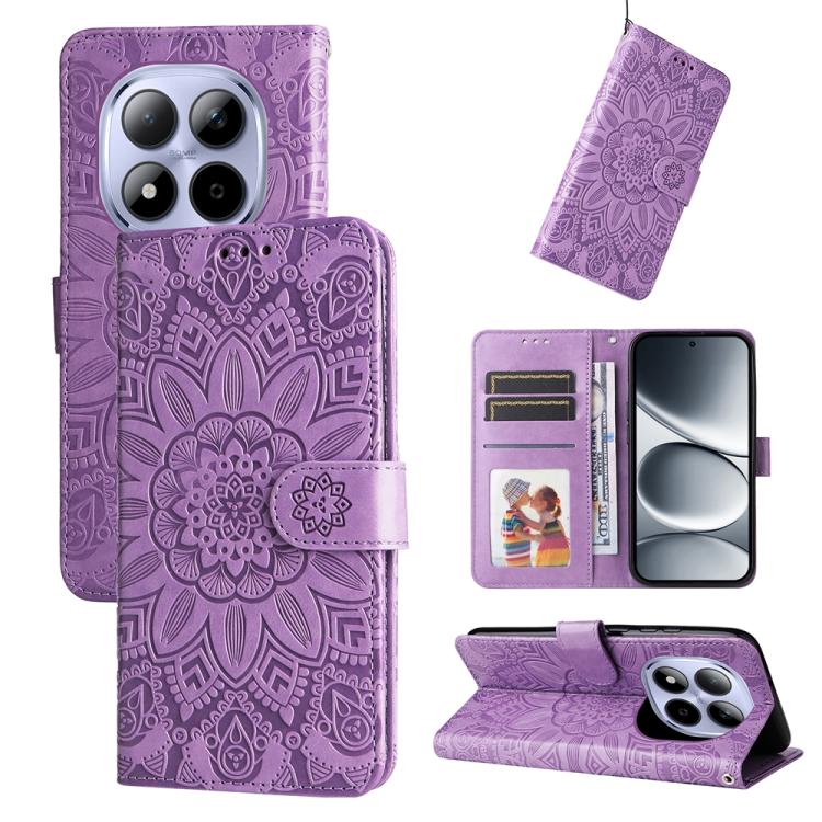 Peněženkové pouzdro Embossing Pattern Slunečnice fialové – Xiaomi Redmi Note 15 Pro 5G | Levné Kryty | Levné Kryty | Levné Kryty