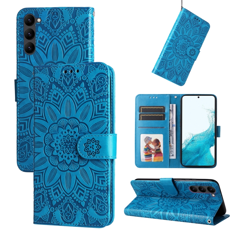 Peněženkové pouzdro Embossing Pattern Slunečnice modré – Samsung Galaxy S23 | Levné Kryty | Levné Kryty | Levné Kryty