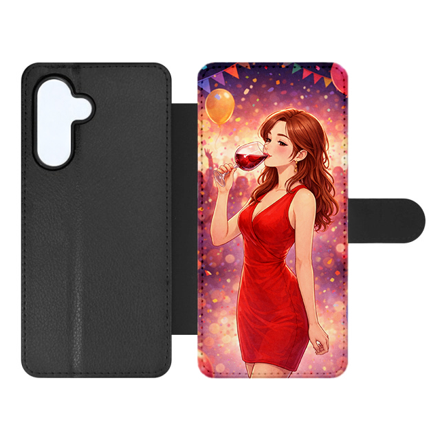 Knížkové pouzdro Creative Case 01 Žena s Vínem – Samsung Galaxy A16 | Levné Kryty | Levné Kryty Phone case with a back-cover illustration of a woman in a red dress sipping wine against a festive background. | Levné Kryty