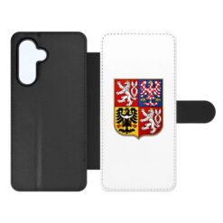 Open wallet-style phone case: black back cover and white front panel featuring a heraldic shield crest. | Levné Kryty