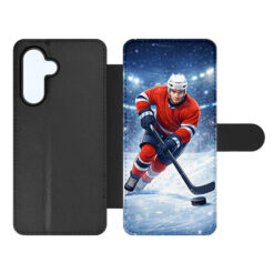 Knížkové pouzdro Creative Case 03 Hokejista – Samsung Galaxy A15 4G/5G | Levné Kryty | Levné Kryty Phone wallet case with a hockey player graphic on the inner panel, black exterior, and a foldable flap on the side. | Levné Kryty