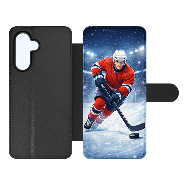 Knížkové pouzdro Creative Case 03 Hokejista – Samsung Galaxy A15 4G/5G | Levné Kryty | Levné Kryty Phone wallet case with a hockey player graphic on the inner panel, black exterior, and a foldable flap on the side. | Levné Kryty