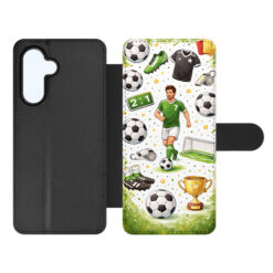 Black leather flip-style phone case opened to reveal a football-themed inner panel with a soccer player, balls, goal, shoes and trophy. | Levné Kryty