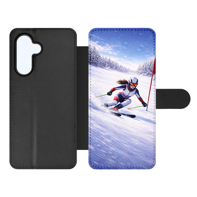 Knížkové pouzdro Creative Case 06 Lyžařka – Samsung Galaxy A55 5G | Levné Kryty | Levné Kryty Black leather flip-style phone case with a photo-printed panel showing a female alpine skier racing downhill; camera cutout on the back. | Levné Kryty