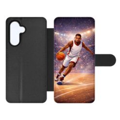 Flip-style smartphone case with a black exterior and a right panel showing a basketball player in action on a basketball court. | Levné Kryty
