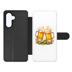 Knížkové pouzdro Creative Case 11 Pivo – Samsung Galaxy A15 4G/5G | Levné Kryty | Levné Kryty Two-piece phone case: black back cover with camera cutout and white front cover featuring two clinking beer mugs and hops illustration. | Levné Kryty
