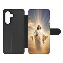 Black leather flip-style phone case with a front panel showing Jesus Christ in glowing light; back cover is solid black with a camera cutout on the left side. | Levné Kryty