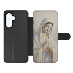 Flip-style phone case with black exterior, opened to reveal a Marian artwork on the inner cover | Levné Kryty